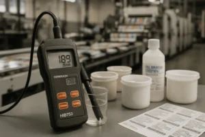 Conductivity meter measuring EC of fountain solution for printing and coating kemasan packaging workflows.