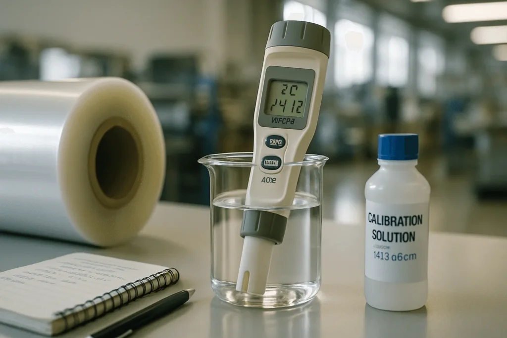 Meter probe di beaker air di lab QC pabrik kemasan dengan roll film buram di latar, cegah noda putih film.