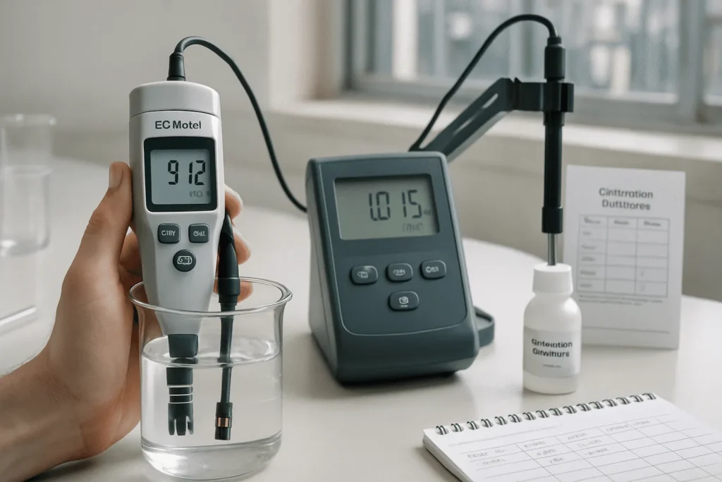 Portable and benchtop EC meters compared on a laboratory workbench for factory QC water testing.