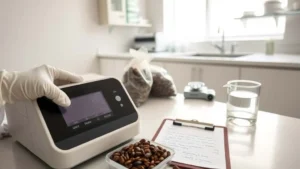 Technician using digital moisture analyzer on cocoa beans for quality control in export lab.