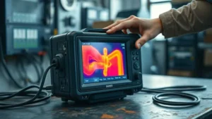 Termal imaging camera display menunjukkan peta panas panel listrik, mendeteksi titik api untuk pencegahan kebakaran di tempat kerja.
