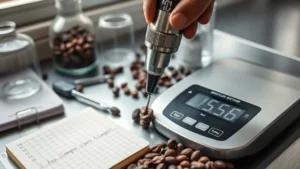 Sensor kapasitansi mengukur kelembapan biji kakao dengan timbangan digital di latar, pilihan akurat bagi eksportir kakao.