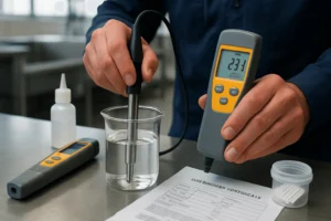 Teknisi mengkalibrasi probe stainless steel alat EC meter di larutan standar kalibrasi untuk panduan memilih alat QC kemasan.