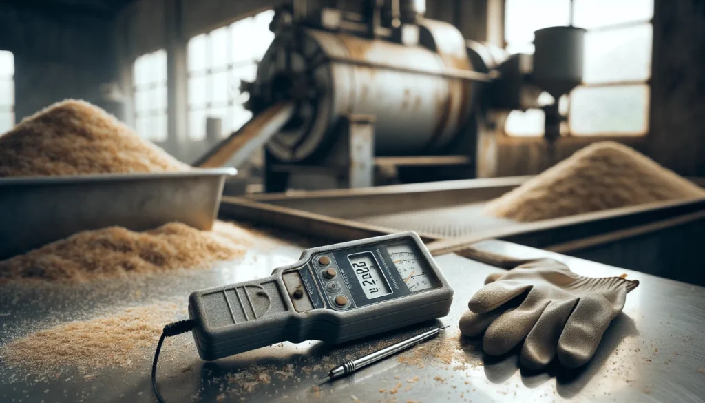 Worn pH/ORP meter on scratched probe rests on stainless steel counter with coconut dust in desiccated coconut processing facility.