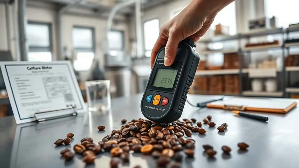 Alat ukur kadar air digital ditekan ke biji kakao di meja laboratorium baja tahan karat, dengan sertifikat kalibrasi dan antarmuka layar sentuh.