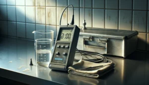 Portable EC meter PDAM dengan probe logam usang di meja stainless steel, tampilan stabil, cocok untuk panduan teknis dan operasional alat ukur kualitas air.