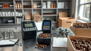 Digital moisture meter testing cocoa beans on stainless steel lab bench for ISO 22000 and HACCP quality control monitoring.