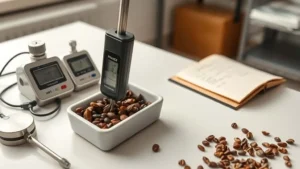 Proses pengukuran suhu dan kelembaban sampel kakao menggunakan alat moisture meter digital di laboratorium quality control.