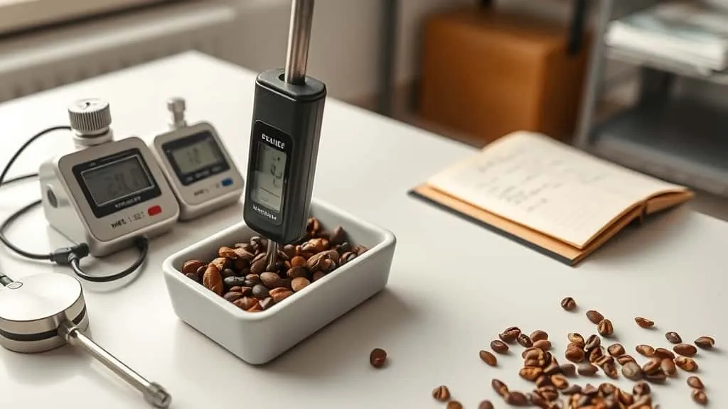 Proses pengukuran suhu dan kelembaban sampel kakao menggunakan alat moisture meter digital di laboratorium quality control.