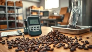Moisture meter testing dried cocoa beans on a wooden workbench for export quality control.