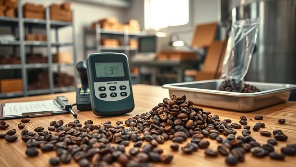 Moisture meter testing dried cocoa beans on a wooden workbench for export quality control.