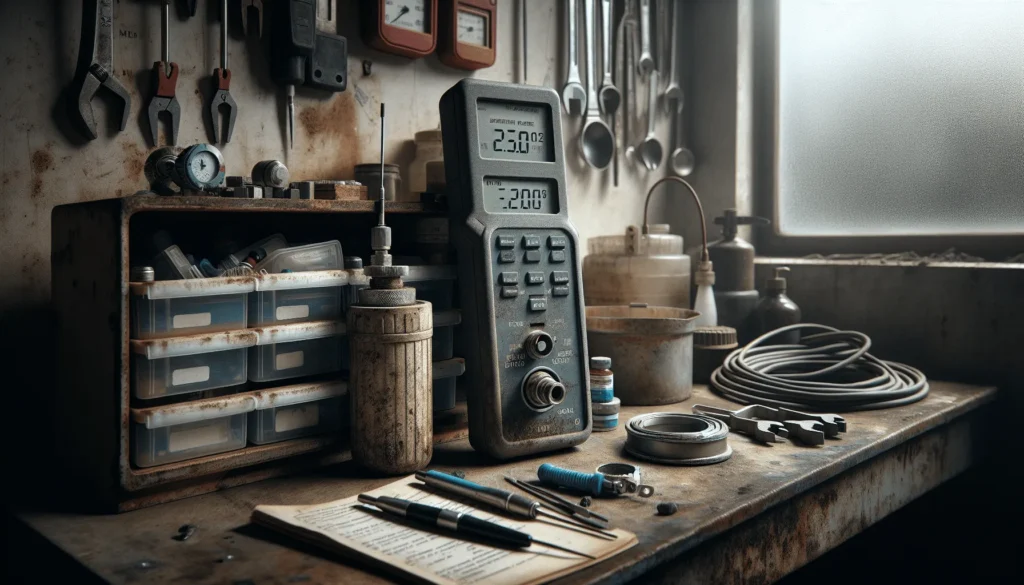 Workstation with a handheld portable EC meter and wall-mounted fixed conductivity sensor for PDAM water quality testing.