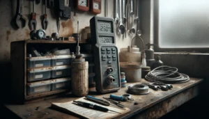 Workstation with a handheld portable EC meter and wall-mounted fixed conductivity sensor for PDAM water quality testing.