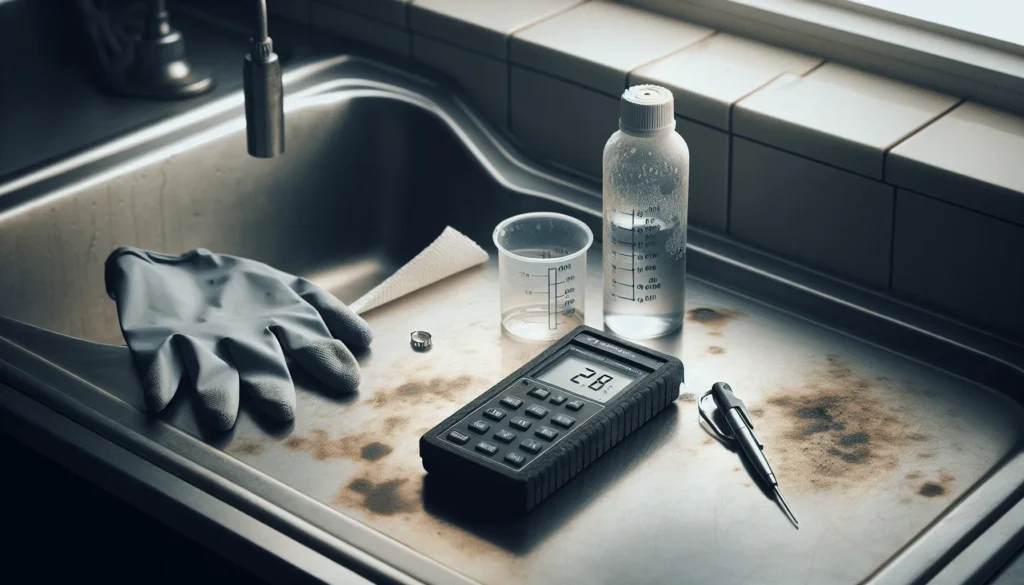 Handheld conductivity meter and HDPE sampling bottle on a lab counter, demonstrating a representative PDAM water sampling procedure to avoid contamination.
