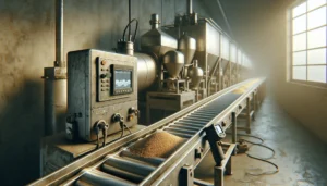 Data logger monitoring nutrient preservation on weathered stainless steel conveyor belt with grains and vegetables during industrial MBG production.