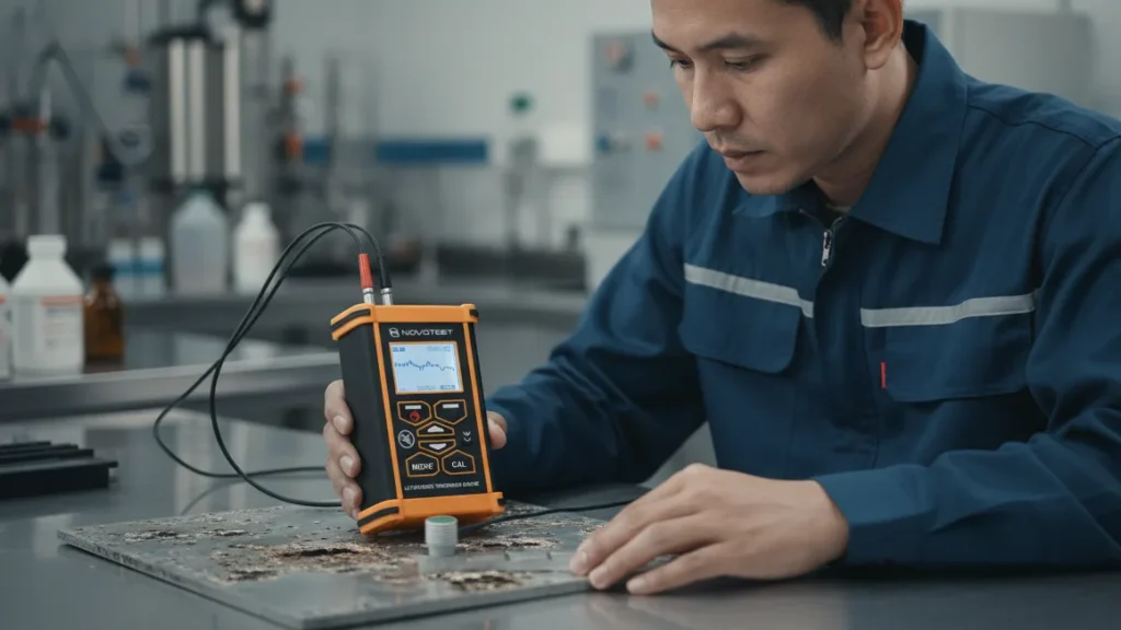 NOVOTEST UT-1M-ST - alat ukur ketebalan ultrasonik dengan dual-element transducer, atasi signal dropout aluminium berkorosi
