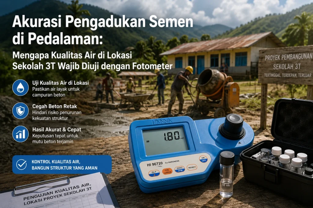 Fotometer portabel Hanna HI96720 digunakan untuk menguji kualitas air di lokasi pembangunan sekolah 3T di daerah pedalaman, membantu memastikan campuran beton memiliki mutu yang sesuai standar konstruksi.