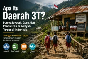 Sekolah dasar di daerah 3T Indonesia dengan guru dan siswa yang belajar di wilayah pegunungan terpencil, menggambarkan tantangan akses pendidikan di daerah tertinggal, terdepan, dan terluar.