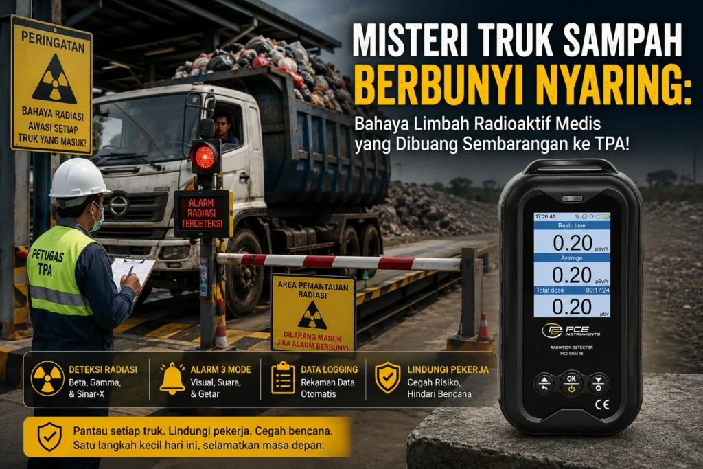Feature image yang menampilkan sebuah truk sampah berhenti di gerbang TPA setelah alarm deteksi radiasi berbunyi, sementara petugas melakukan pemeriksaan. Di sisi kanan terlihat Radiation Detector PCE-RDM 15 sebagai alat pemantau radiasi untuk mendeteksi limbah radioaktif medis yang tercampur dalam sampah sebelum memasuki area TPA.
