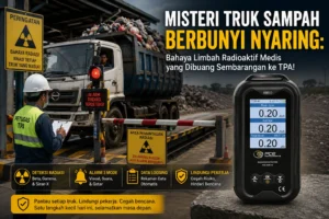 Feature image yang menampilkan sebuah truk sampah berhenti di gerbang TPA setelah alarm deteksi radiasi berbunyi, sementara petugas melakukan pemeriksaan. Di sisi kanan terlihat Radiation Detector PCE-RDM 15 sebagai alat pemantau radiasi untuk mendeteksi limbah radioaktif medis yang tercampur dalam sampah sebelum memasuki area TPA.