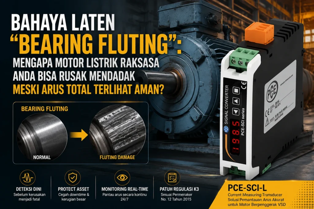 Feature image menampilkan motor listrik industri berukuran besar yang beroperasi dengan sistem VSD (Variable Speed Drive), disandingkan dengan perangkat Current Measuring Transducer PCE-SCI-L. Ilustrasi menunjukkan perbandingan bearing normal dan bearing yang mengalami kerusakan fluting akibat arus listrik parasit, dengan nuansa pabrik industri modern.