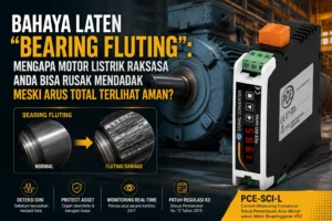 Feature image menampilkan motor listrik industri berukuran besar yang beroperasi dengan sistem VSD (Variable Speed Drive), disandingkan dengan perangkat Current Measuring Transducer PCE-SCI-L. Ilustrasi menunjukkan perbandingan bearing normal dan bearing yang mengalami kerusakan fluting akibat arus listrik parasit, dengan nuansa pabrik industri modern.