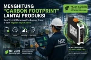 Petugas HSE di lantai produksi pabrik memantau konsumsi energi melalui dashboard digital, dengan perangkat current measuring transducer PCE-SCI-P ditampilkan sebagai alat utama untuk pengukuran arus listrik dan penghitungan jejak karbon industri guna mendukung kepatuhan regulasi pajak karbon.