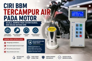 Feature image menampilkan Portable Petroleum Quality Analyzer SX-300 yang digunakan untuk mendeteksi kualitas bahan bakar dan kandungan air pada BBM, dengan latar belakang sepeda motor injeksi. Visual ini menggambarkan pentingnya deteksi dini untuk mencegah kerusakan sistem bahan bakar akibat kontaminasi air.