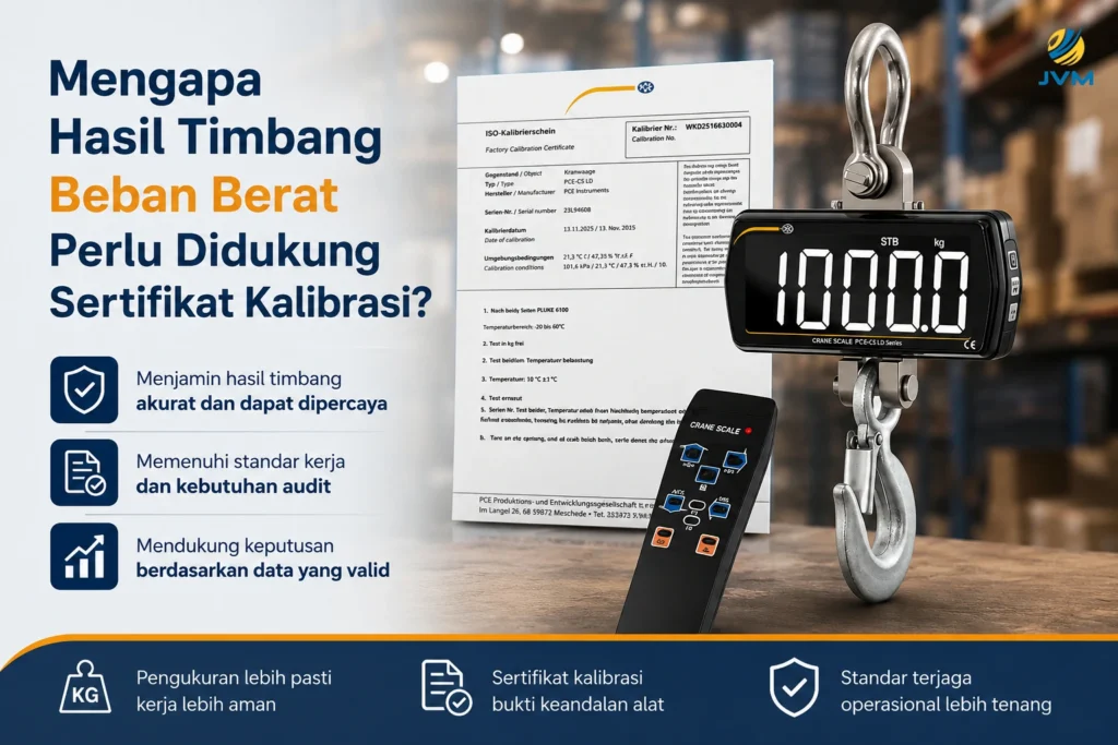 Crane scale dengan sertifikat kalibrasi untuk mendukung hasil timbang beban berat yang lebih akurat dan dapat dipercaya.