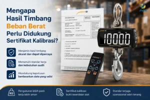 Crane scale dengan sertifikat kalibrasi untuk mendukung hasil timbang beban berat yang lebih akurat dan dapat dipercaya.