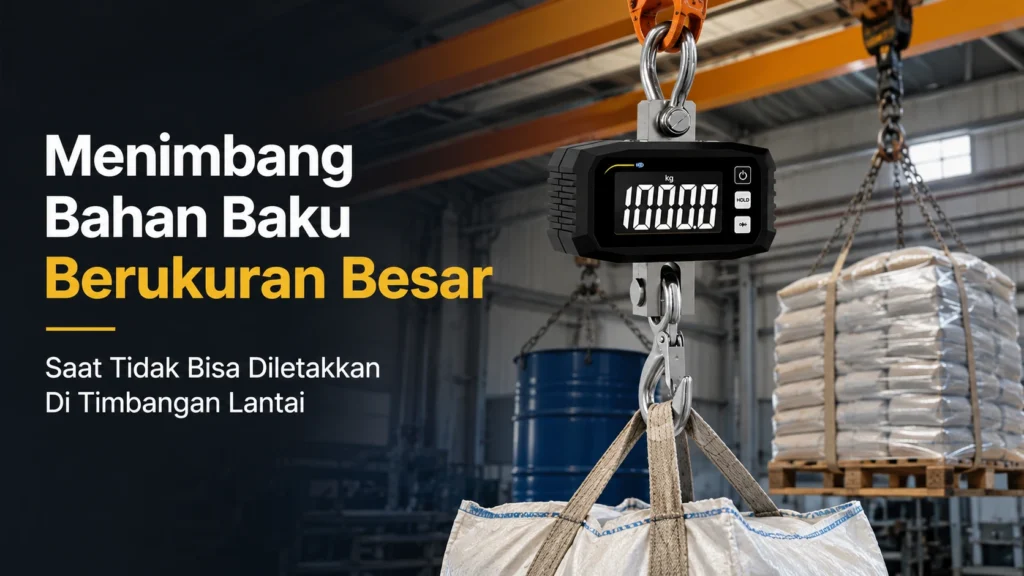 Crane scale digunakan untuk menimbang bahan baku berukuran besar yang tergantung di area produksi saat tidak bisa diletakkan di timbangan lantai.