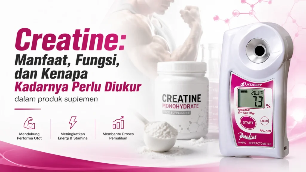creatine dengan visual suplemen creatine, otot atlet, dan ATAGO PAL-13S untuk mengukur kadar creatine dalam produk suplemen.