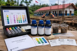 NPK Soil Chemical Test Kit digunakan untuk menguji karakteristik kimia tanah di lokasi pembangunan sekolah wilayah 3T guna menganalisis pH dan kondisi tanah sebelum konstruksi fondasi beton.