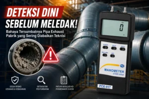 Teknisi industri menggunakan manometer digital PCE-917 untuk mendeteksi penyumbatan pada pipa exhaust pabrik guna mencegah risiko ledakan dan kebakaran.