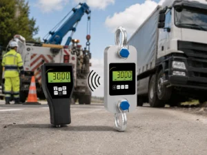 Timbangan crane PCE-DDM 3 dengan remote display untuk mengukur beban tarik saat evakuasi truk berat di jalan.