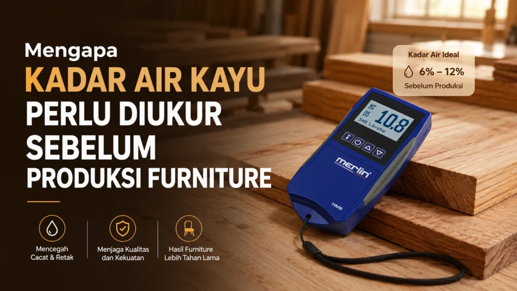 Moisture meter Merlin HM9 digunakan untuk mengukur kadar air kayu sebelum produksi furniture.