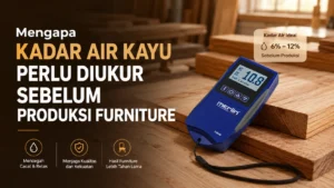 Moisture meter Merlin HM9 digunakan untuk mengukur kadar air kayu sebelum produksi furniture.