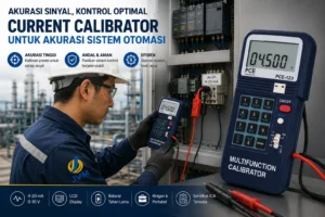 Teknisi industri menggunakan current calibrator digital untuk melakukan kalibrasi sinyal pada panel kontrol sistem otomasi pabrik.