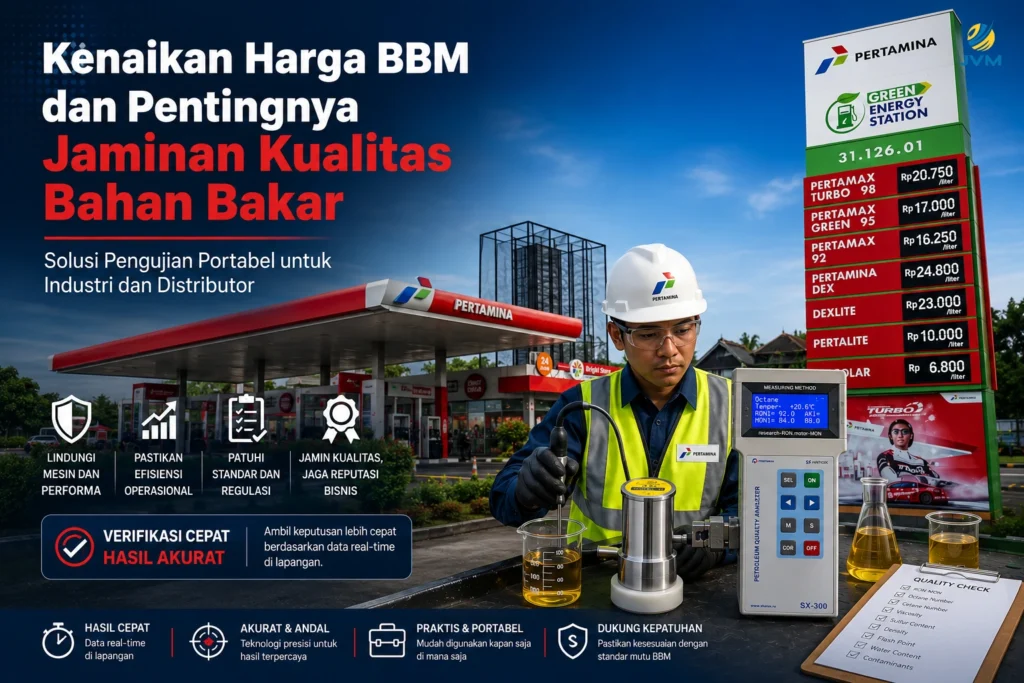 Petugas melakukan pengujian kualitas BBM menggunakan Portable Petroleum Quality Analyzer SX-300 di area SPBU Pertamina dengan latar daftar harga BBM terbaru untuk memastikan mutu bahan bakar tetap sesuai standar.