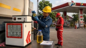 Petugas industri memeriksa sampel solar di area SPBU Pertamina menggunakan alat uji viskositas untuk pengecekan kualitas bahan bakar.