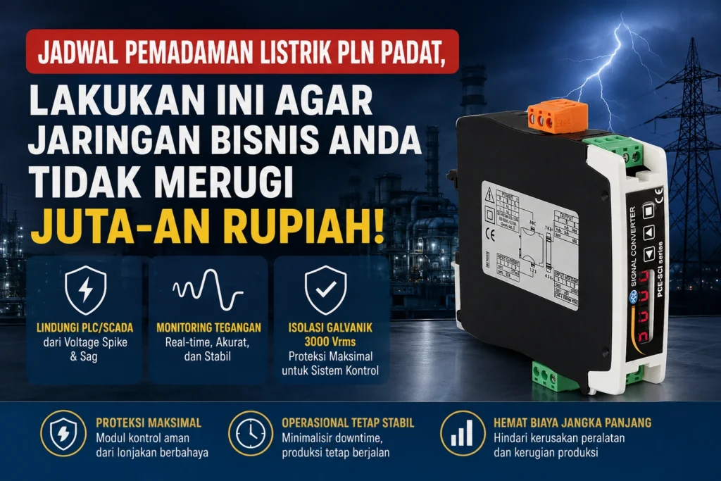 Feature image PCE-SCI-E Signal Converter di lingkungan industri dengan latar petir dan jaringan listrik, menggambarkan perlindungan PLC/SCADA dari voltage spike, voltage sag, dan dampak pemadaman listrik PLN.