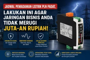 Feature image PCE-SCI-E Signal Converter di lingkungan industri dengan latar petir dan jaringan listrik, menggambarkan perlindungan PLC/SCADA dari voltage spike, voltage sag, dan dampak pemadaman listrik PLN.