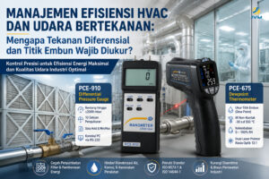 Feature image sistem HVAC dan udara bertekanan industri yang menampilkan alat ukur PCE-910 Differential Pressure Gauge dan PCE-675 Dewpoint Thermometer di lingkungan pabrik modern untuk pemantauan tekanan diferensial, titik embun, efisiensi energi, dan kualitas udara.