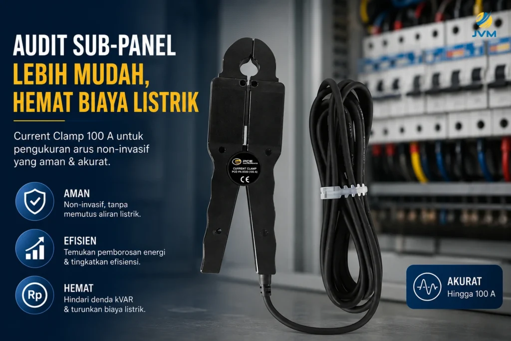 Current Clamp 100 A untuk audit sub-panel listrik industri ditampilkan di depan panel distribusi listrik. Alat pengukur arus non-invasif ini digunakan untuk meningkatkan efisiensi energi dan menekan biaya listrik operasional secara aman dan akurat.