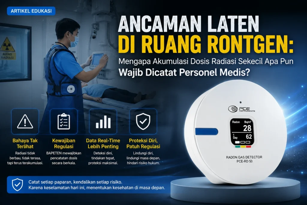 Feature image artikel yang menampilkan seorang radiografer Indonesia sedang mengoperasikan mesin rontgen di ruang radiologi sambil mengenakan apron pelindung radiasi. Di sisi kanan terlihat produk PCE-RD 50 sebagai ilustrasi alat monitoring radiasi, dengan judul artikel tentang pentingnya pencatatan akumulasi dosis radiasi bagi personel medis serta ikon yang menyoroti bahaya radiasi, kepatuhan regulasi, monitoring real-time, dan perlindungan keselamatan kerja.
