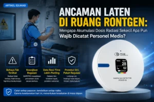 Feature image artikel yang menampilkan seorang radiografer Indonesia sedang mengoperasikan mesin rontgen di ruang radiologi sambil mengenakan apron pelindung radiasi. Di sisi kanan terlihat produk PCE-RD 50 sebagai ilustrasi alat monitoring radiasi, dengan judul artikel tentang pentingnya pencatatan akumulasi dosis radiasi bagi personel medis serta ikon yang menyoroti bahaya radiasi, kepatuhan regulasi, monitoring real-time, dan perlindungan keselamatan kerja.