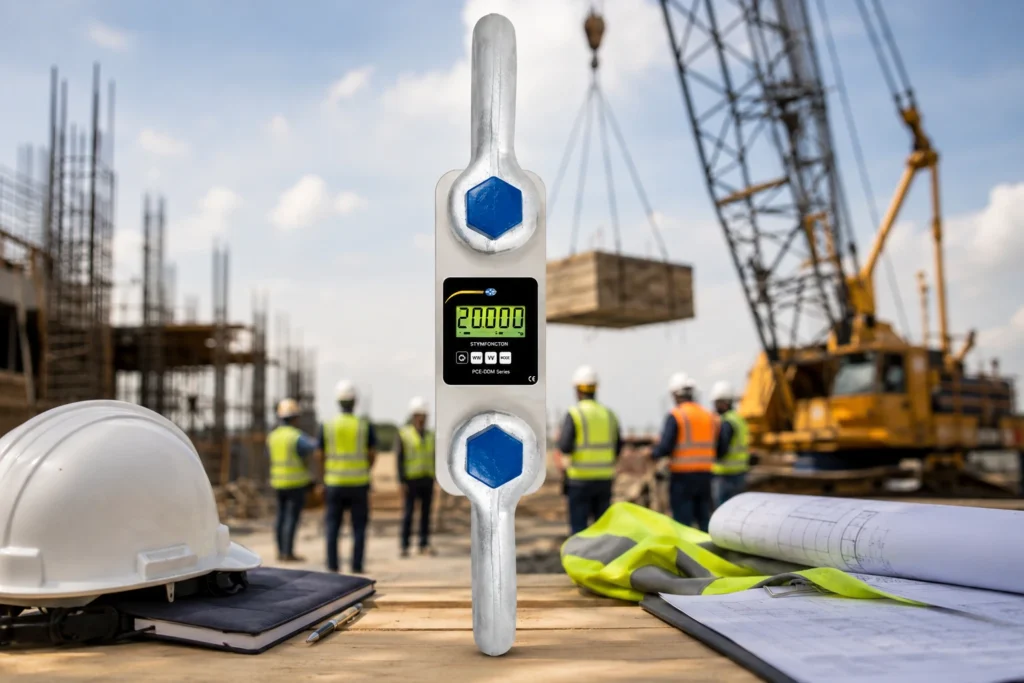 Crane scale PCE-DDM 20WI-ICA bersertifikat ISO di area proyek konstruksi sebagai alat bantu audit keselamatan kerja dan verifikasi beban angkat.