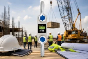 Crane scale PCE-DDM 20WI-ICA bersertifikat ISO di area proyek konstruksi sebagai alat bantu audit keselamatan kerja dan verifikasi beban angkat.
