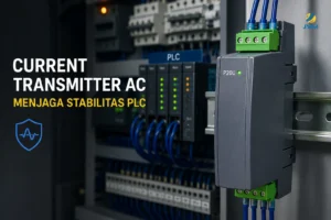 Current transmitter AC PCE-P20Z terpasang pada DIN rail di dalam panel kontrol PLC industri untuk monitoring arus dan menjaga stabilitas sistem otomasi.