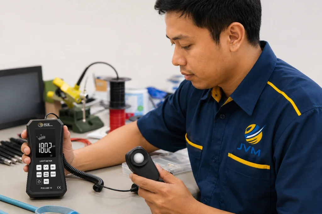 Teknisi Indonesia menggunakan lux meter PCE untuk mengukur intensitas pencahayaan di area kerja dengan seragam JVM